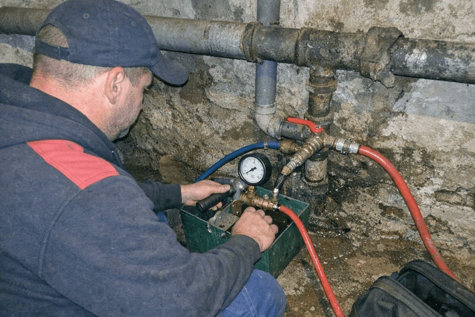 Spezialist führt eine Dichtheitsprüfung im Keller durch